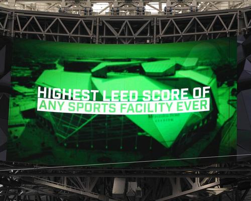The stadium proudly displays its new achievement on the LED big screen / HOK