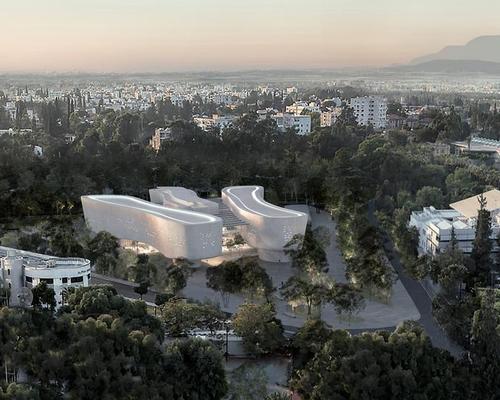 Three raised white-stone volumes resting above clear glass boxes will be constructed on the riverside site / XZA Architects