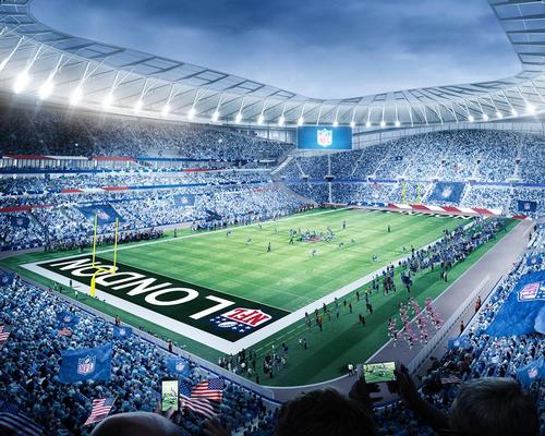 A new image shows the stadium in 'NFL mode'. The ground will include a fully retractable pitch, revealing a second playing surface. / Populous