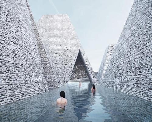 Kuma’s design envisions the building as having a series of pyramid-shaped roofs, with an open-air pool passing through the gaps between them / Kengo Kuma and Luxigon