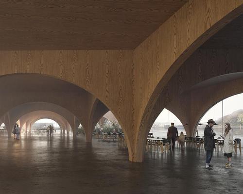  A large roof, supported by a series of wooden arches, will connect all functions of the visitor center and brewery / COBE