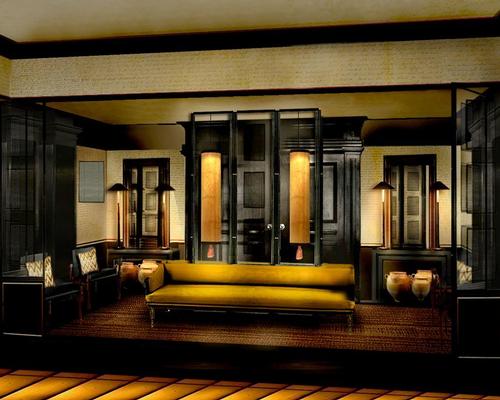 Hues of black gold and yellow will be layered with Oriental screens and calligraphy wallpaper / Six Senses