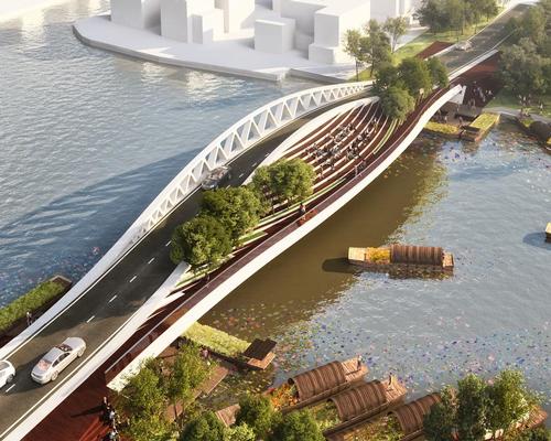 Conceived as a 24m-wide dual crossing for vehicles and pedestrians, the bridge will be separated along the centre by a tridimensional structure that blocks air and noise pollution / MVRDV