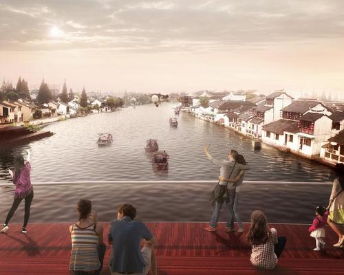 A viewing platform will allow people to gather and look downriver towards the 16th century Fangsheng Bridge and the surrounding ancient architecture / MVRDV