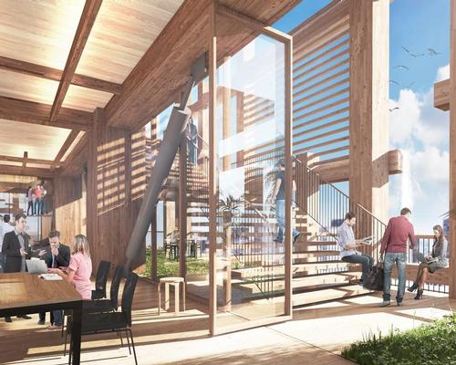 Hybrid wood and steel structure will provide support using a braced tube structure / Sumitomo Forest