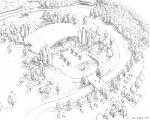 Renderings by Gloucestershire-based landscape architecture firm Portus + Whitton show a dome-like structure nestled among the trees in a natural setting