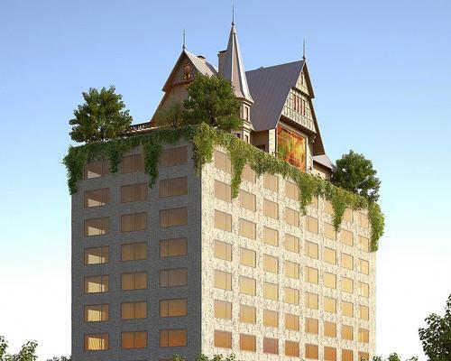 The hotel is envisioned as a monolithic and monochromatic tower topped by an 18th-century style Alsace traditional house / Starck Network