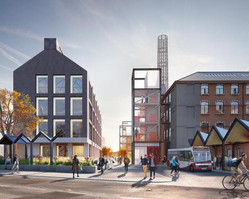 The shape of the mills’ 34m high chimney, which was demolished in 1982 will be recreated by a steel lattice structure / HawkinsBrown