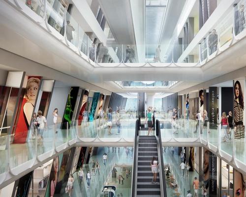 The leisure amenities, including a health club, ballrooms, the hotel lobby and retail space, are organised within the podium around an expansive atrium] / John Portman & Associates