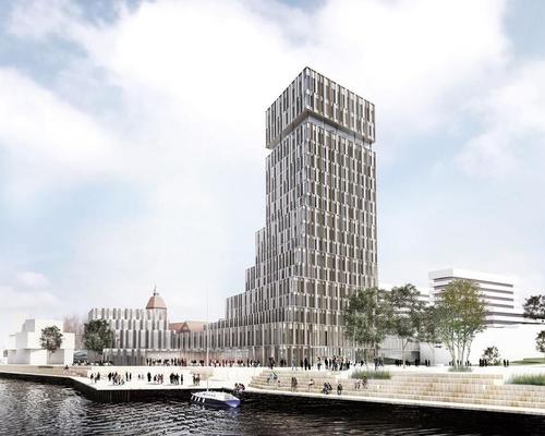 The hotel, designed by Henning Larsen, is formed of two towers and features a glass and aluminium facade