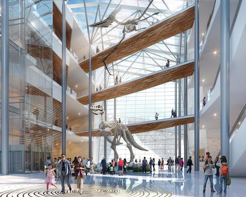 A series of sky bridges will cross the atrium, connecting the exhibits with the public amenities on either side / Steelblue