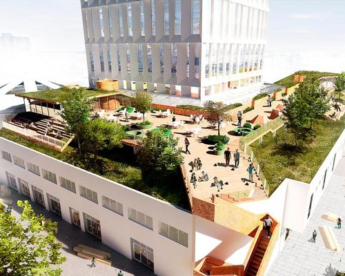 The project includes offices, retail, a restaurant, a kitchen garden, an orangery and a public rooftop garden / C.F. Møller Architects 