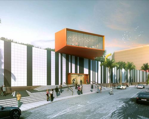The main façade will be clad in monochromatic porcelain panels that will be broken by a red ‘leisure box’