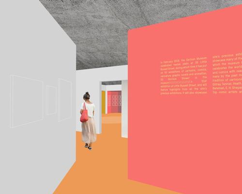 Sam Jacob Studio’s renderings show washes of bold colour adorning the walls and floors, contrasting against grey partitions
