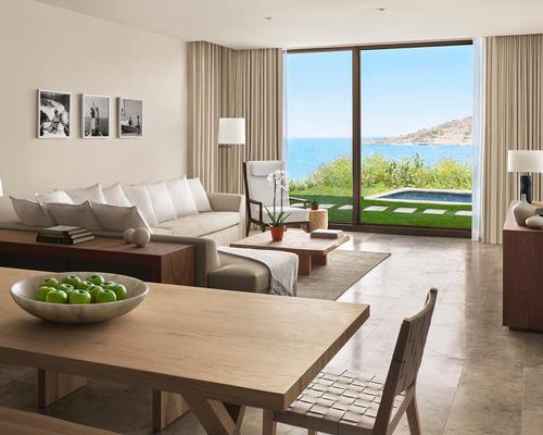 The landscape, conjured as a Mediterranean oasis, reflects the peninsula’s indigenous flora and fauna. Native olive trees and local stone have been used throughout