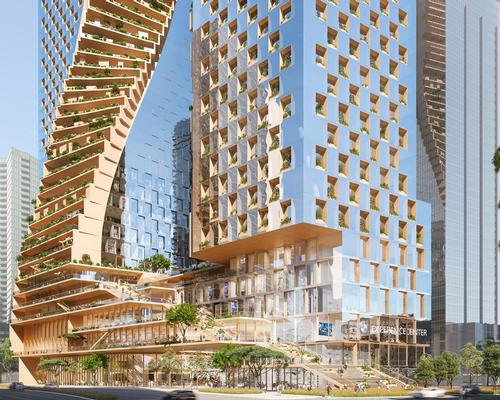 From the public park at the top of the podium, the spine of greenery entwines itself around the two towers right the way up