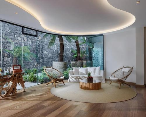 Volcanic stone, rich North African timbers and glass pervade throughout the spa, which is flanked by a glazed wall