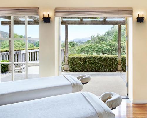 The Auberge du Soleil in Napa Valley, California, has a spa with views to the scenic hills and vineyards
