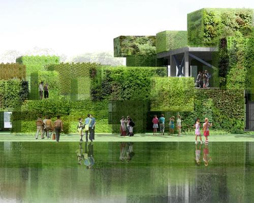large green blocks of flowers will be stacked on a concrete framework / Studio Pei-Zhu