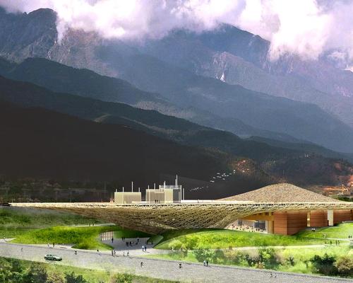 The Yang Liping Performing Arts Center's enormous canopy roof will fall and rise to evoke the surrounding Cangshan mountain range / Studio Pei-Zhu 