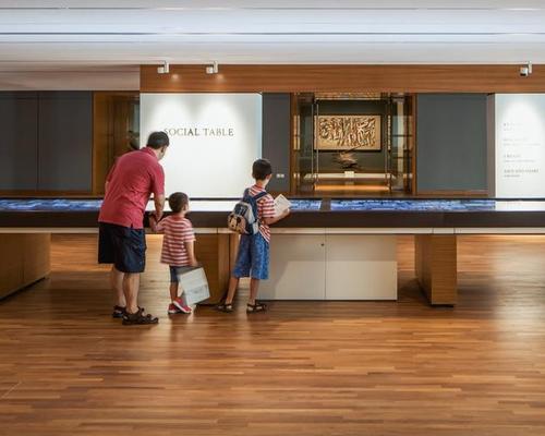 The 18m social table is a multi-touch device designed to digitally connect different artworks and artists together with the rest of the world / BETON-BRUT