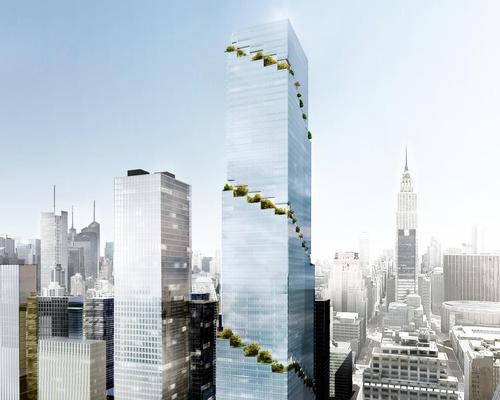 The innovative design ensures that every floor of the tower opens up to the outdoors with hanging gardens and green terraces creating 'collaborative and connected workspaces' and offering panoramic views of Manhattan / BIG