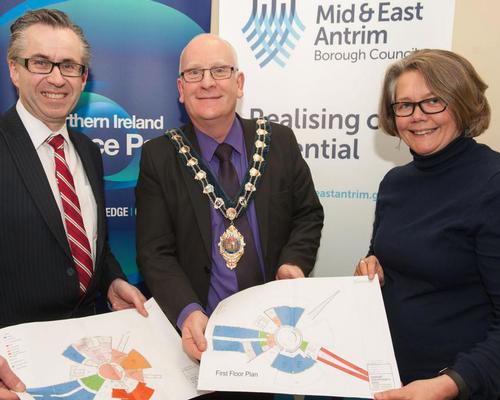 Mayor of Mid and East Antrim, Councillor Billy Ashe, (centre) NI Science Park’s director of corporate real estate, Mervyn Watley, and Joanne McDowell, director of The Big Lottery Fund