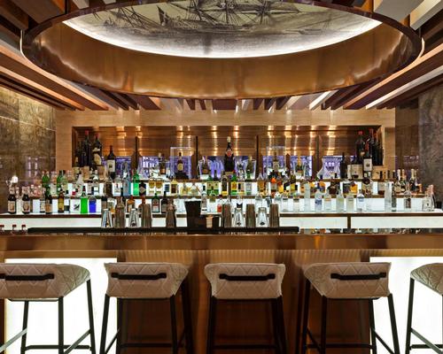 The bar at the Intourist, which references Azerbaijan's seafaring past with a print on the ceiling / Michael Franke