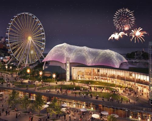 The Yard repurposes components of Skyline Stage at Navy Pier, including the white tent that will become a canvas for projection and lighting design