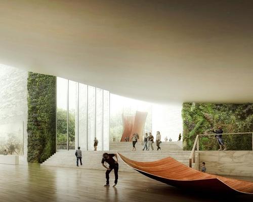 The pavilion will include an art gallery with a dramatic view of the landscape outside / Luxigon