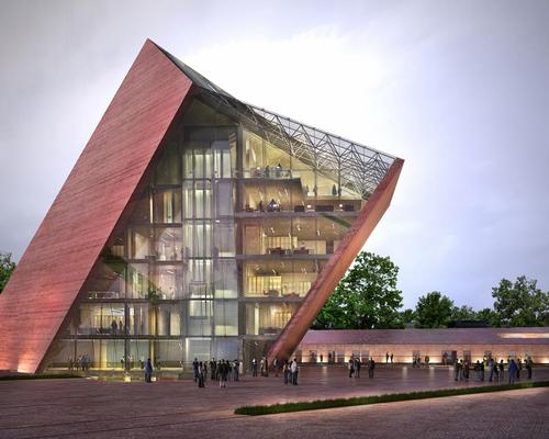 The building's red concrete lining will seemingly flow from the structure and into the museum's public plaza / Studio Architektoniczne Kwadrat