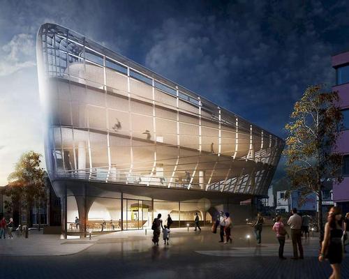 The structure will be clad in two layers of perforated mesh, creating natural ventilation for the skatable levels / Guy Holloway Architects