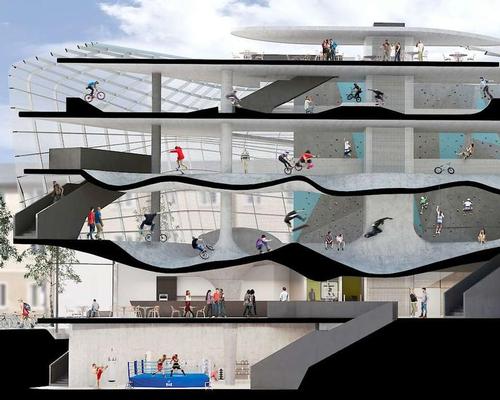 The park will host a variety of popular urban sports including skateboarding, BMX-ing, rollerblading and scootering, with additional trial cycling facilities, a bouldering gym and a boxing club / Guy Holloway Architects