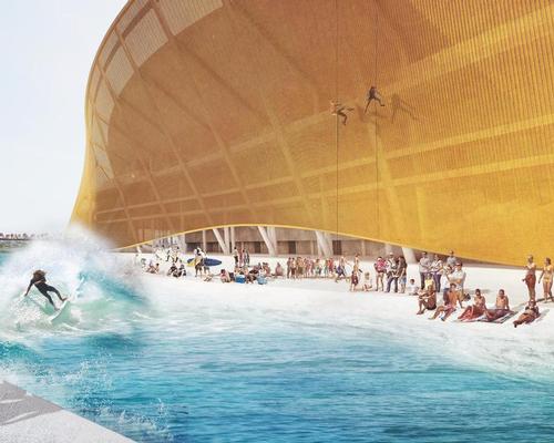 A newly-released rendering shows bathers relaxing on a strip of man-made beach, rollerskaters circling the concourse, abseilers descending the stadium and a surfer catching a large wave in the moat / BIG and Michael Fairmont