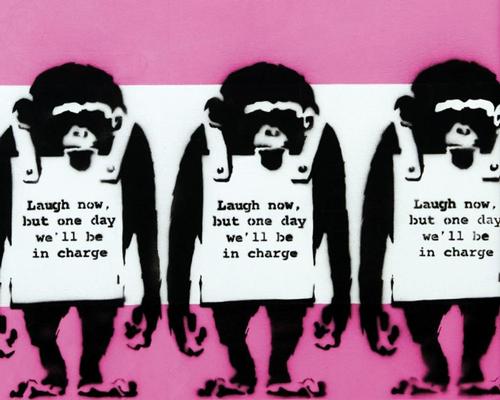 British street artist Banksy's <i>Four Monkeys</i> is part of the exhibition Laugh Now at Moco, Amsterdam / Moco Museum