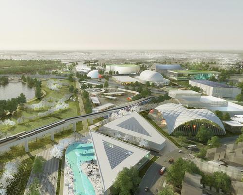 The second masterplan, called the Stitch, has a rail link at its heart / OMA with renderings by Robota