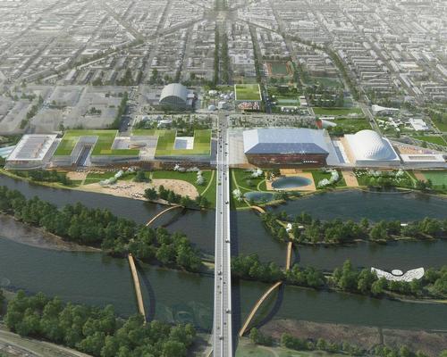 Both masterplans could facilitate stadiums for an anchor tenant, such as an NFL ground / OMA with renderings by Robota