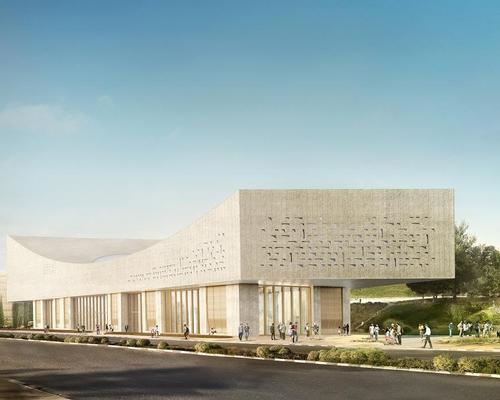 The library's principal design ferature is a curving stone roof / Herzog & de Meuron