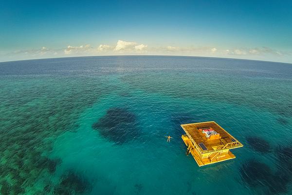 The Manta Resort in Zanzibar features an Underwater Room with a sea level landing deck and lounge and a submerged bedroom
