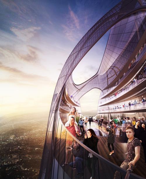 The upper levels will feature multiple dining and leisure areas in addition to a performance space. / Courtesy of Adrian Smith + Gordon Gill Architecture