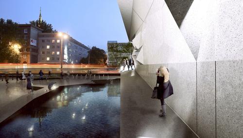 A memorial pond will be placed on the building's exterior wall. / Courtesy of FAAB Architektura 