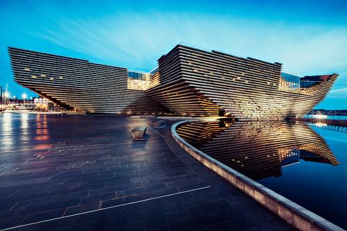 Jutting out into the River Tay on Dundee waterfront, the V&A Dundee was designed by Kengo Kuma