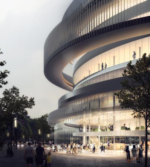 Wheelchair-friendly ramps and promenades will encircle the complex's exterior. / Courtesy of GA Smart Building