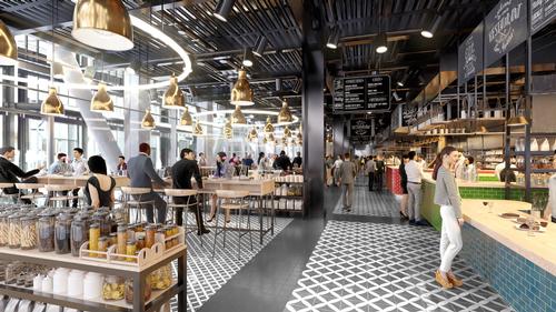 The property will feature a ground-floor marketplace and a rooftop restaurant. / Courtesy of Pilbrow and Partners