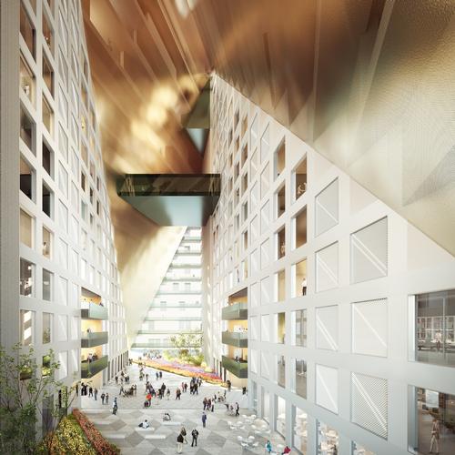 The prismatic building will feature an atrium garden, lofts, a hotel, and retail spaces. / Courtesy of OMA/ Image by Bloomimages