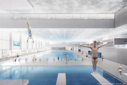 The complex will feature an array of facilities including an Olympic-sized pool, ice rinks, and dining areas. / Rendering by Atelier Brunecky