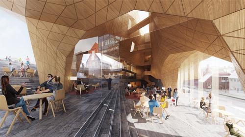 The foyer will adjoin a glass entryway and function as a communal meeting place. / Courtesy of Henning Larsen