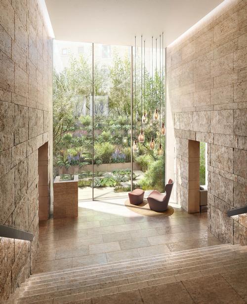 The travertine foyer will have a bespoke Lasvit chandelier. / Courtesy of Clivedale London