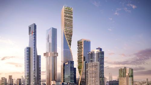 The Green Spine – expected to become one of Australia's most eye-catching buildings – comprises two twisting towers and exhibits, according to Bos, 