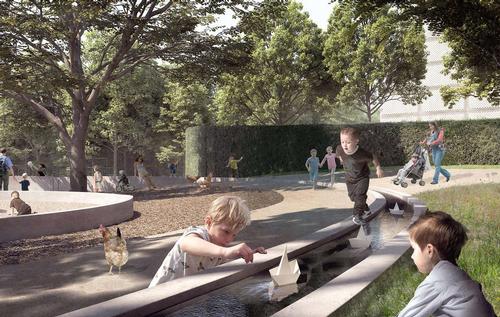 The reshaped public realm will feature new footpaths, artificial ponds, and an expansive amphitheatre / Henning Larsen